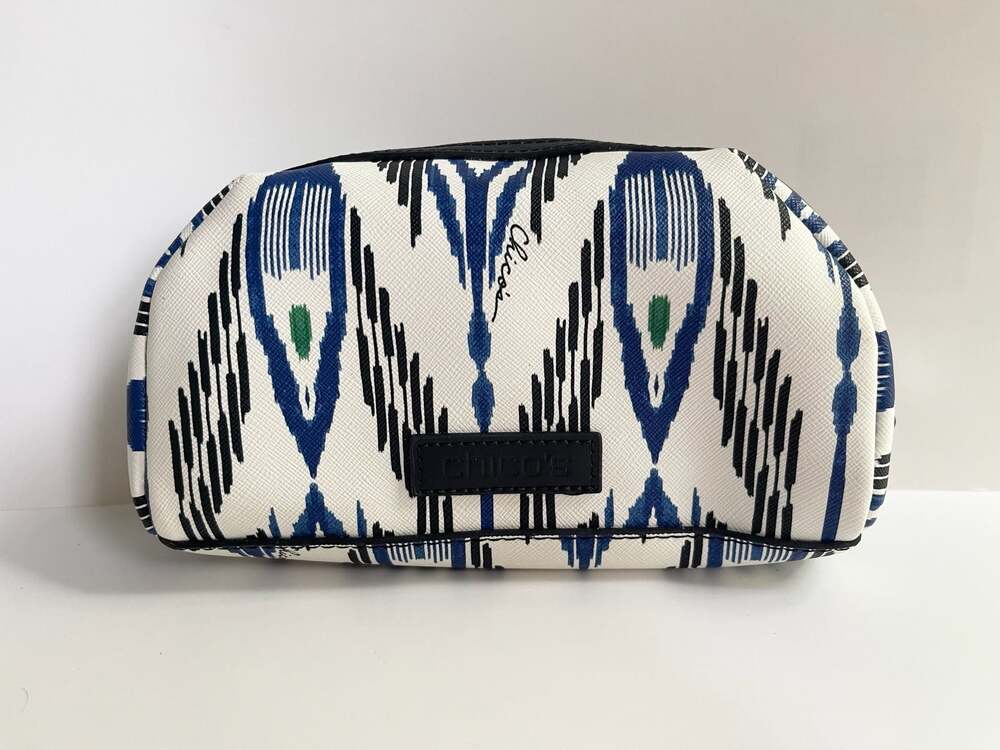 Chico's Blue and White Ikat Print Cosmetic Makeup Bag Pouch